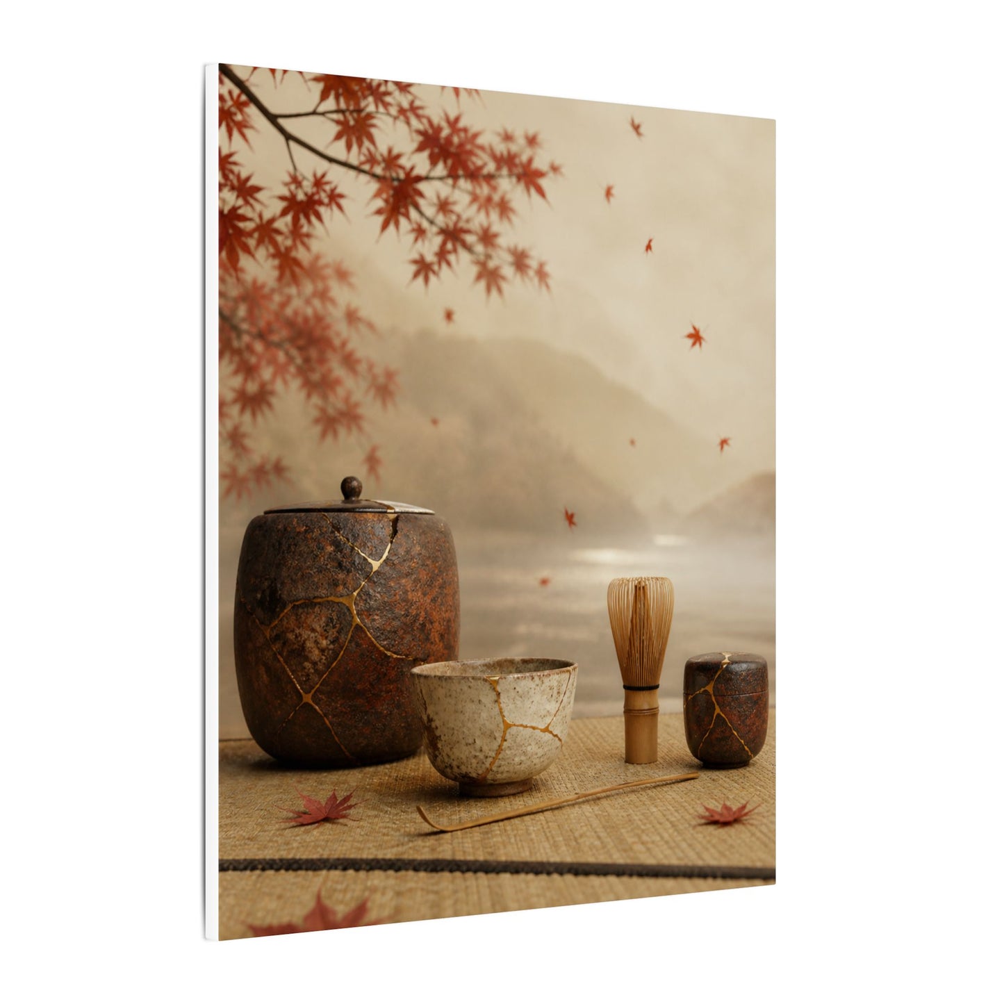 Tea Ceremony Canvas Art | Autumn Kintsugi Gold Vein Art