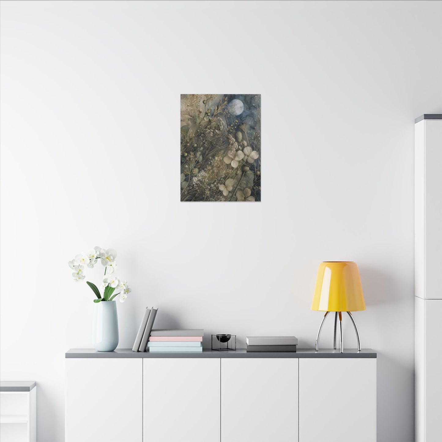 Japandi Dried Flowers in Moonlight | Watercolor Canvas Art