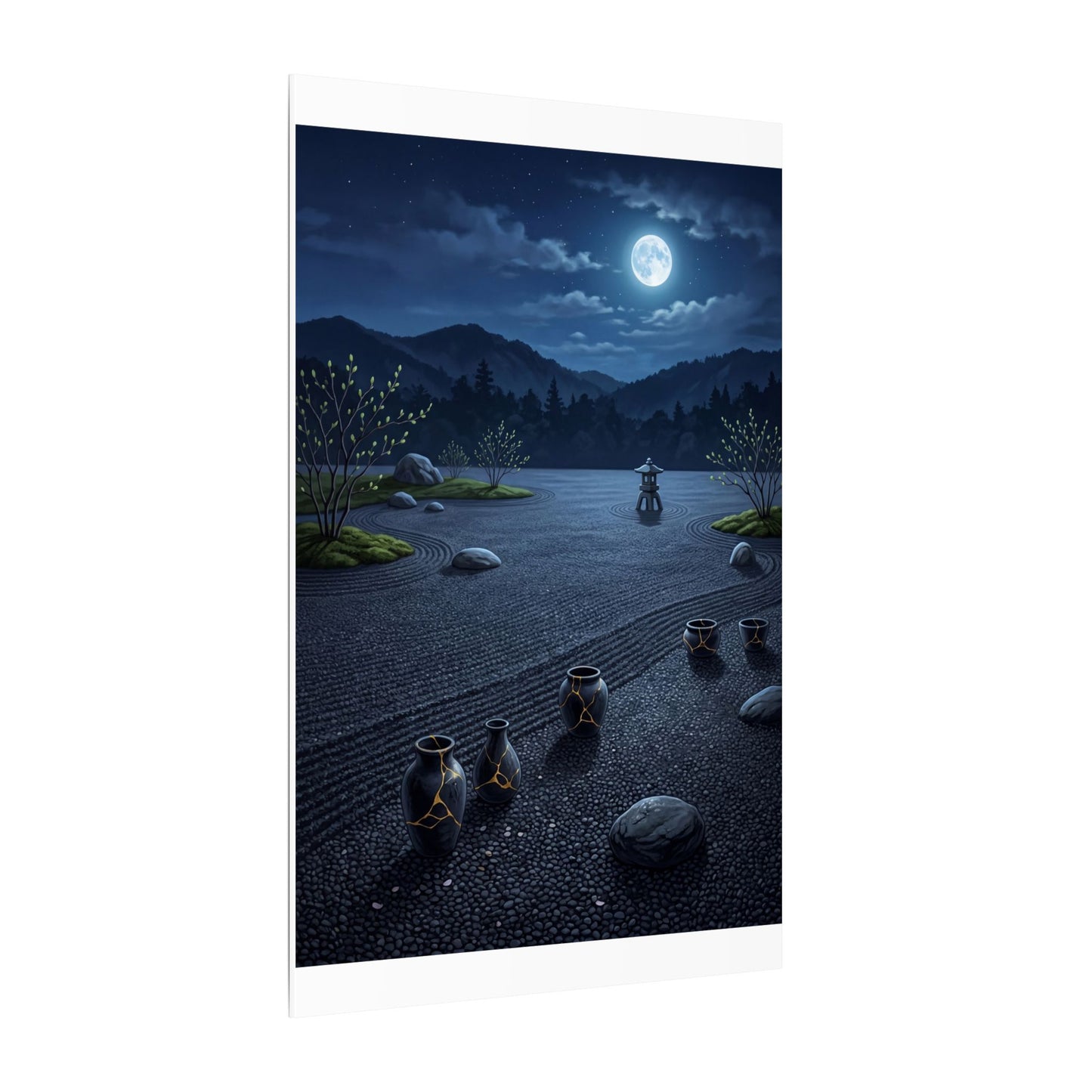 Kintsugi Moonlit Garden in Moonlight | Gold Repair Canvas Art