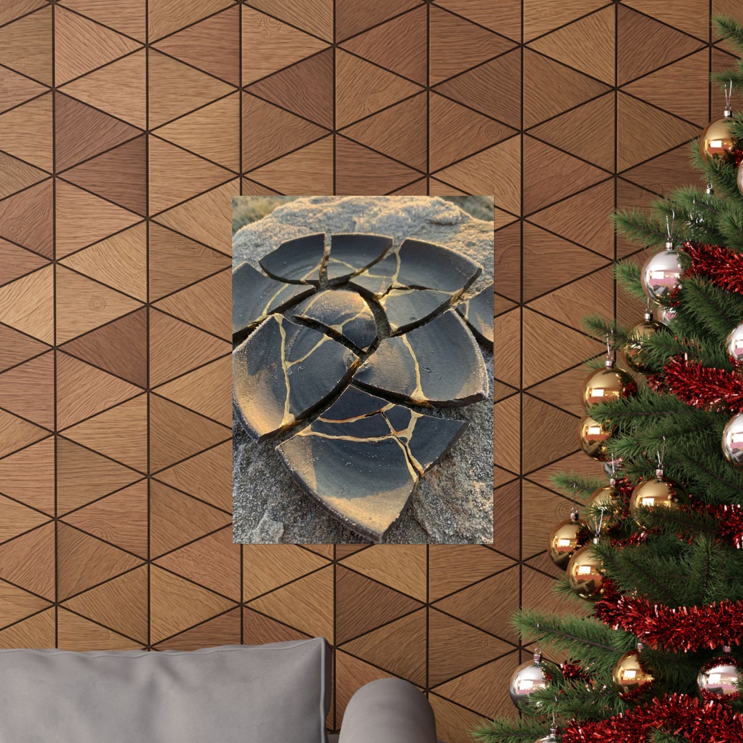 Broken Pottery Wall Art Print | Winter Kintsugi Gold Vein Art