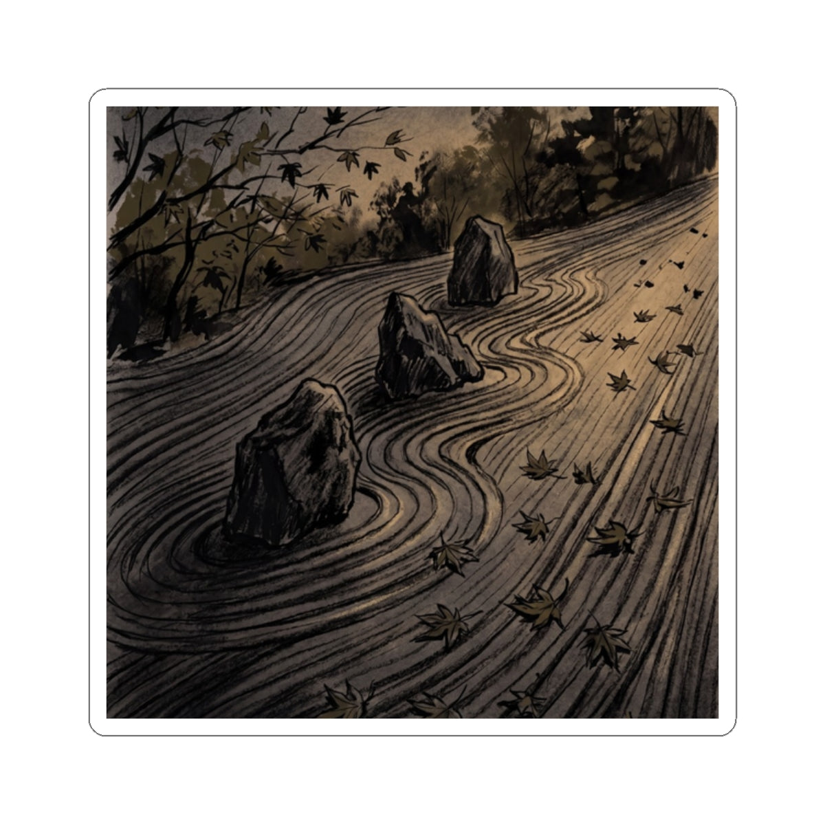Kanso Rock Garden Sticker - Dark Japandi Charcoal Ink