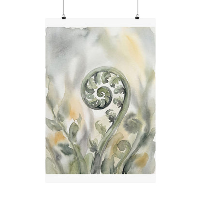 Fern Unfurling Watercolor Wall Art Print | Earthy Japandi Art