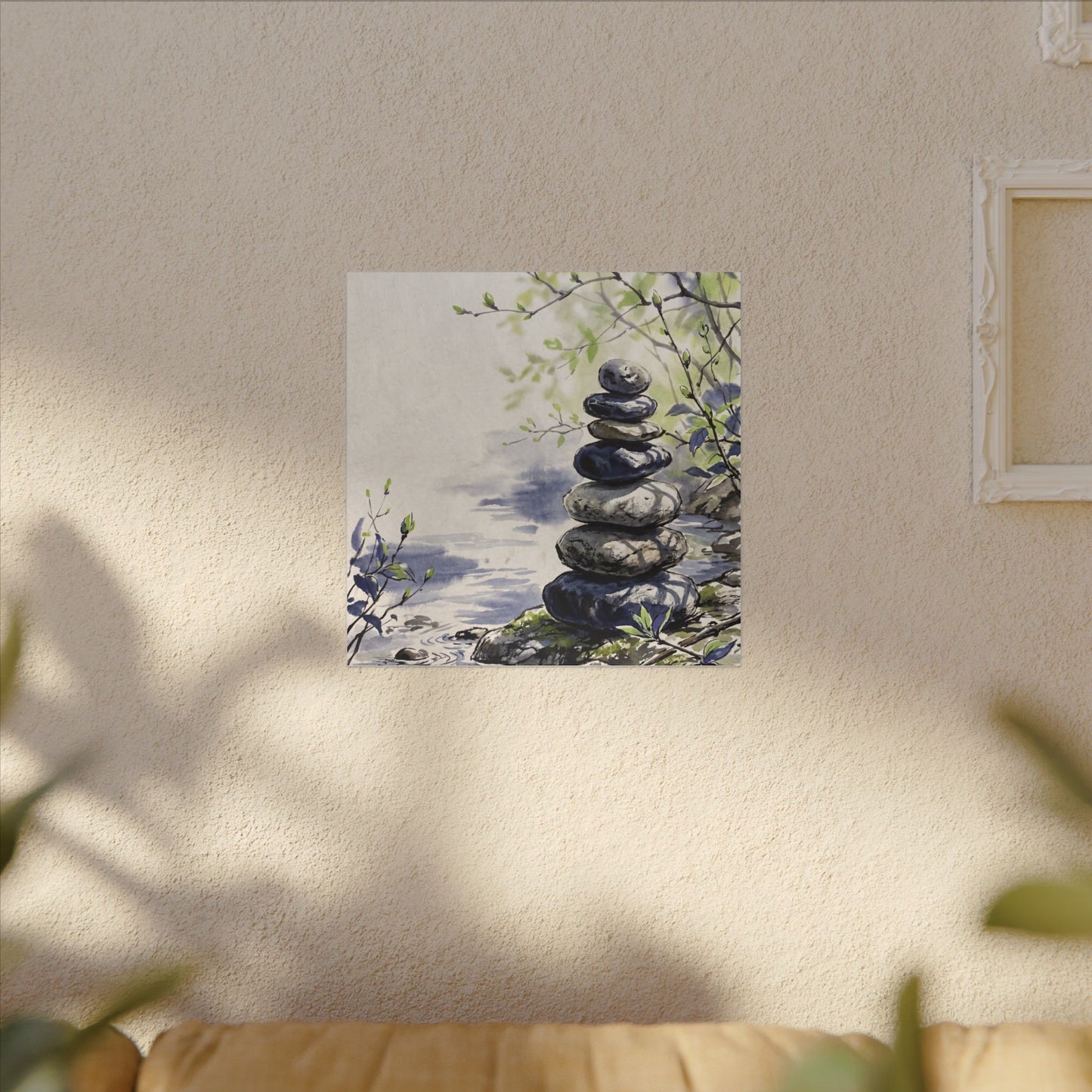 River Stones Sumi E Canvas Art | Serene Zen Art