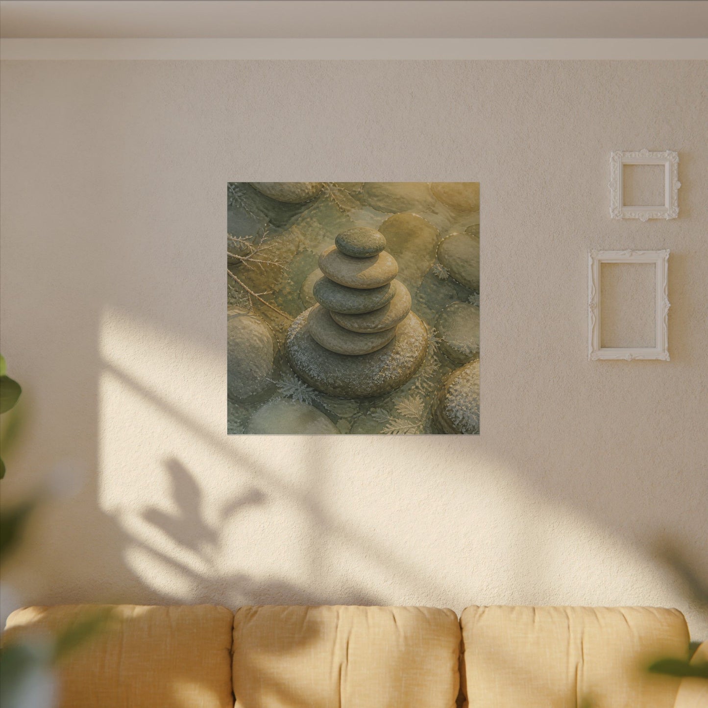 River Stones Watercolor Canvas Art | Elegant Japandi Art
