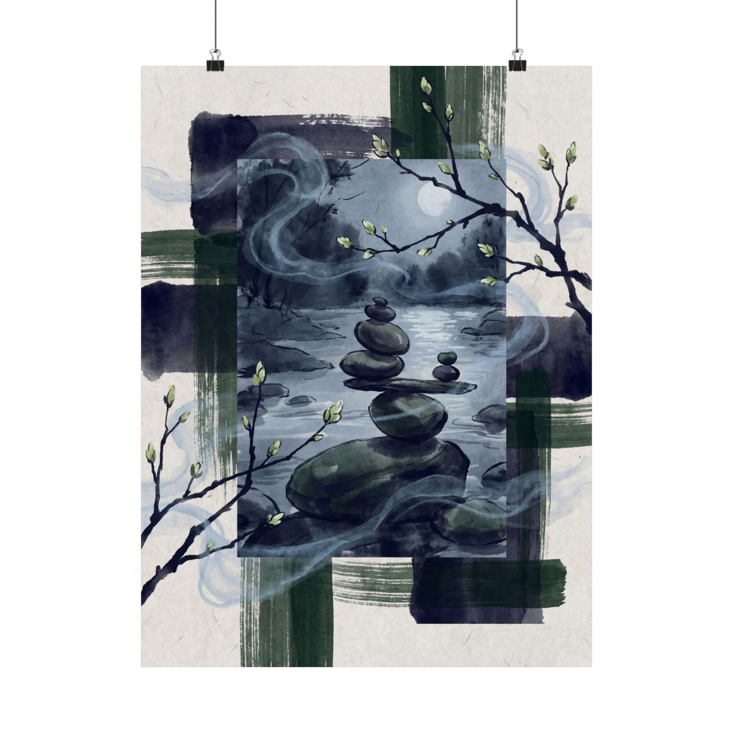 River Stones Wall Art Print | Spring Zen Sumi E Art Art Print
