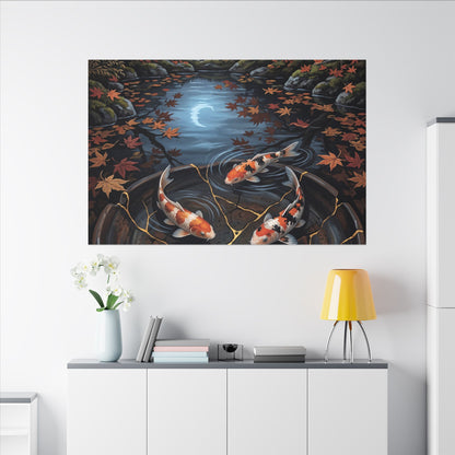 Koi Pond Canvas Art | Autumn Kintsugi Gold Repair Art