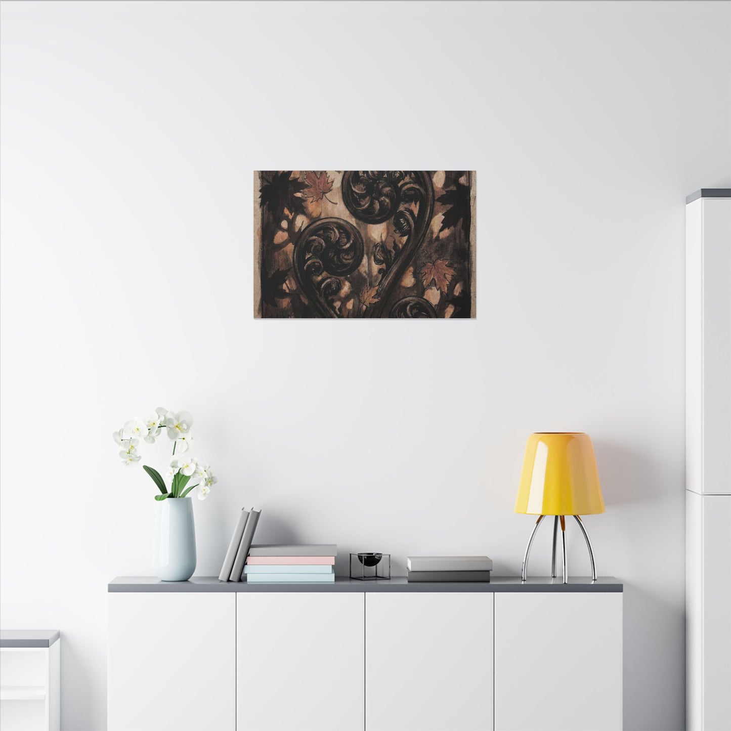 Mono No Aware Fern Unfurling Canvas Art - Dark Japandi Charcoal Ink