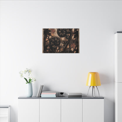 Mono No Aware Fern Unfurling Canvas Art - Dark Japandi Charcoal Ink