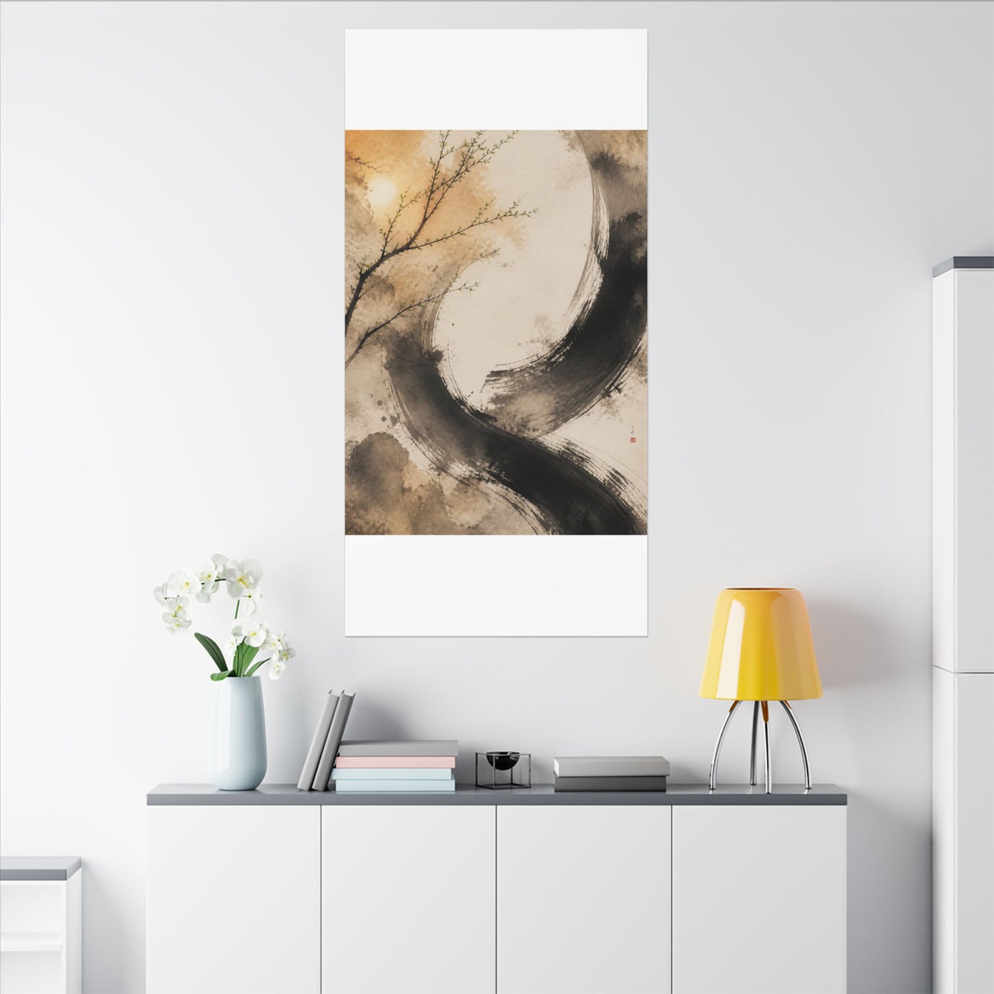 Japandi Ink Brushstroke in Golden Hour | Watercolor Canvas Art