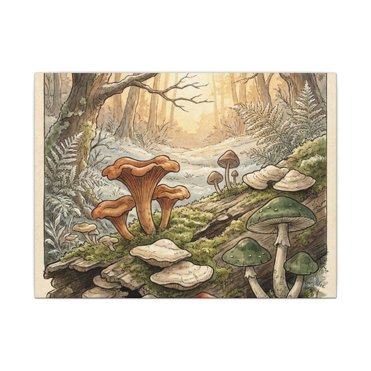 Wild Mushrooms Canvas Art | Winter Cottagecore Vintage Botanical Art