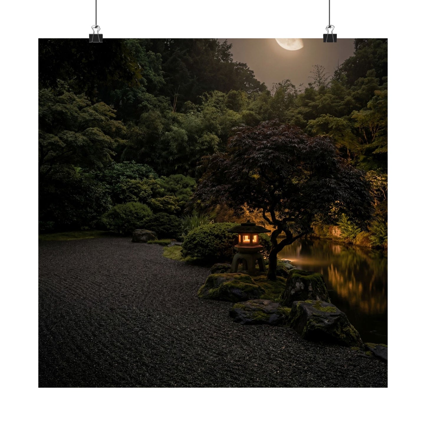 Dark Japandi Moonlit Garden in Golden Hour | Moody Minimal Wall Art Print