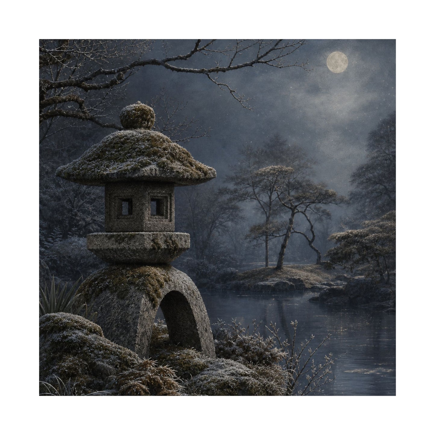 Winter Stone Lantern Japanese Pattern Wall Art Print | Earthy Decor