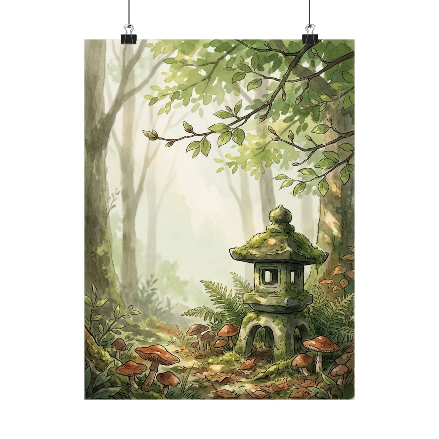 Spring Stone Lantern Mushroom Illustration Wall Art Print | Earthy Decor
