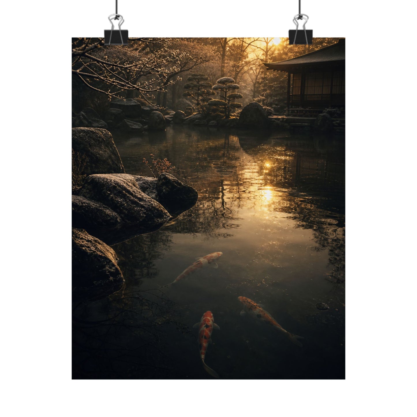Dark Japandi Koi Pond in Golden Hour | Shadow Zen Wall Art Print
