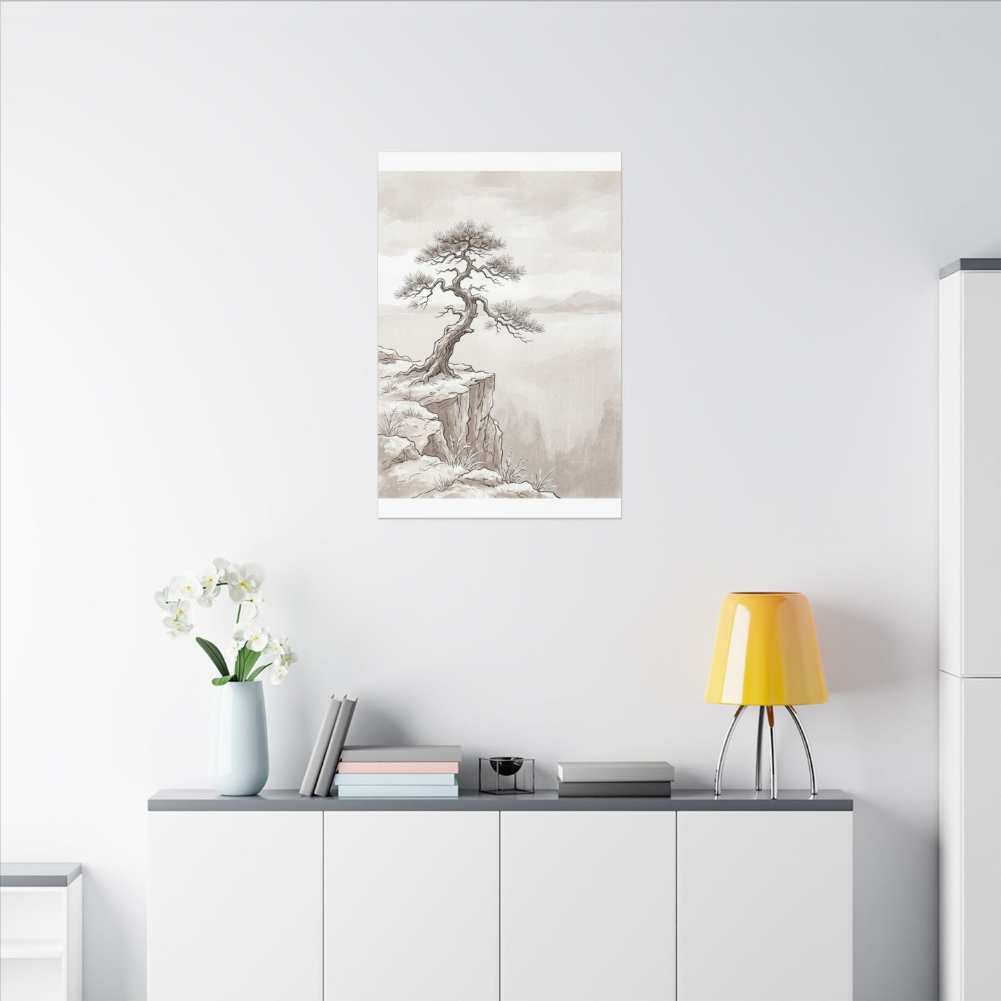 Neutral Pine Tree Canvas Art - Minimal Line Japandi