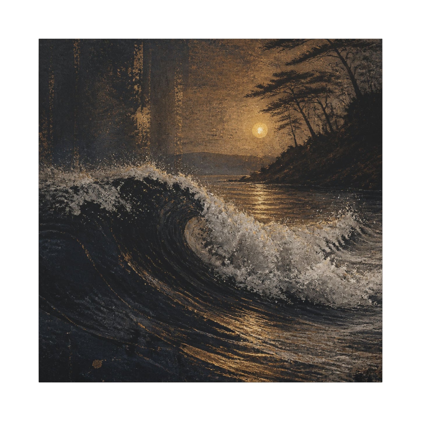 Ocean Wave Dark Texture Canvas Art | Bold Dark Japandi Art