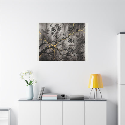 Kanso Cherry Blossom Canvas Art - Kintsugi Crackle Gold