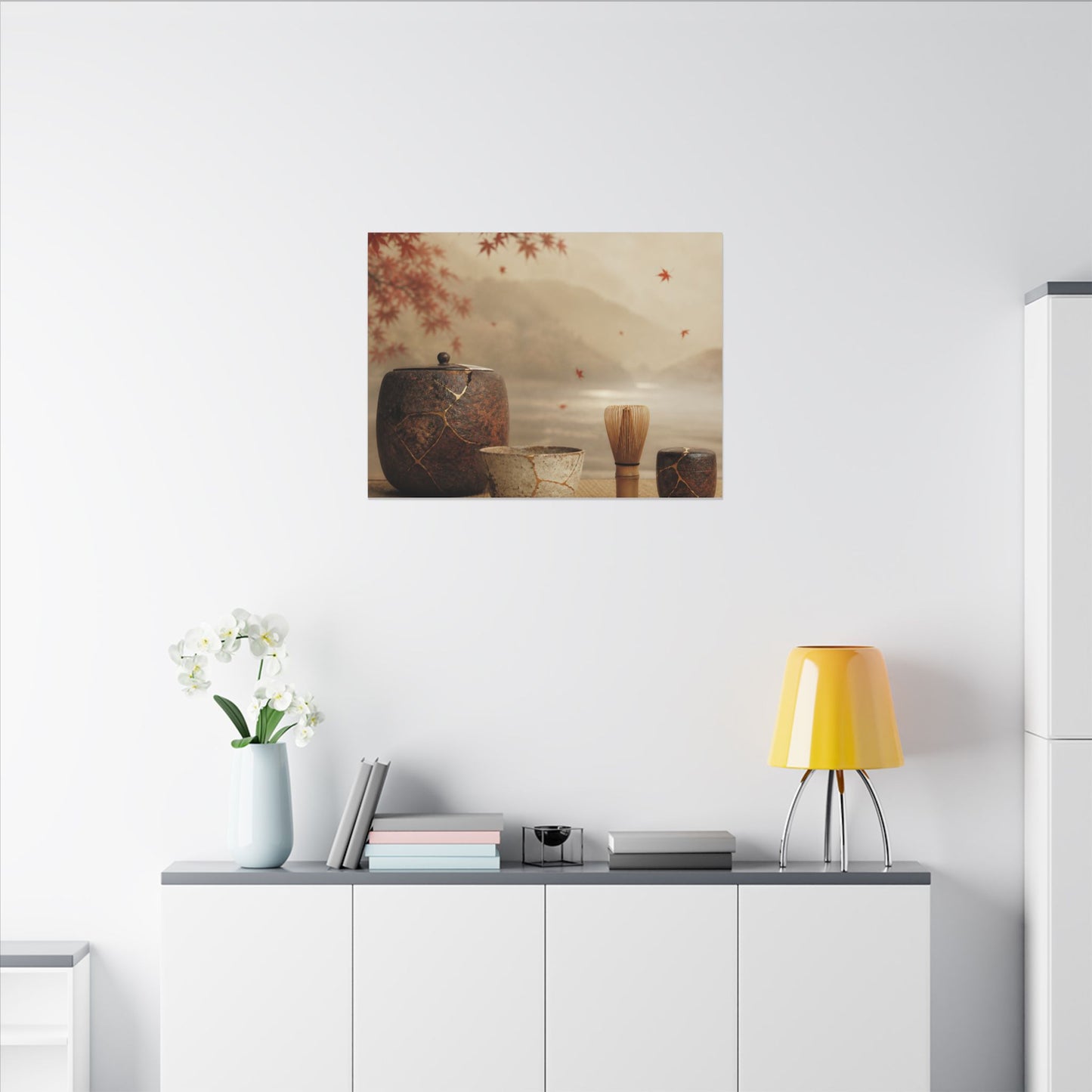 Tea Ceremony Canvas Art | Autumn Kintsugi Gold Vein Art