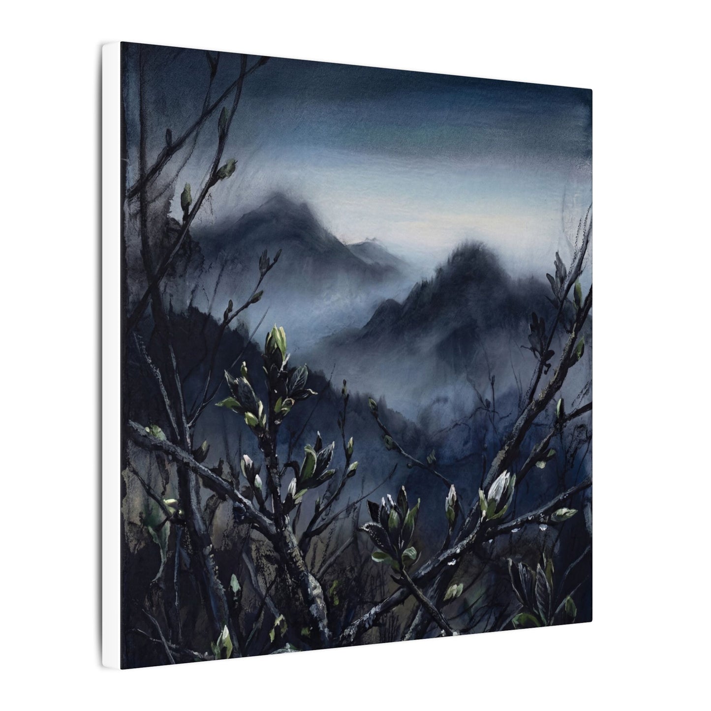 Mountain Mist Spring Canvas Art | Dark Japandi Atmospheric Design