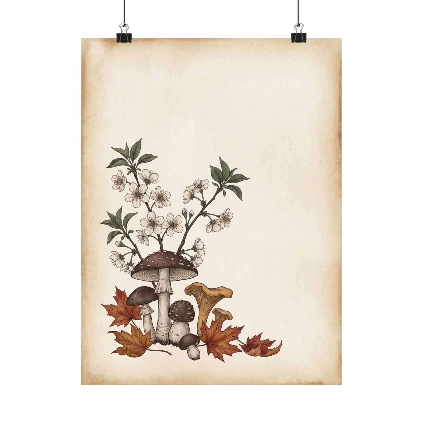 Autumn Cherry Blossom Mushroom Illustration Wall Art Print | Enchanting Decor