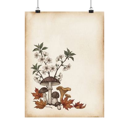 Autumn Cherry Blossom Mushroom Illustration Wall Art Print | Enchanting Decor