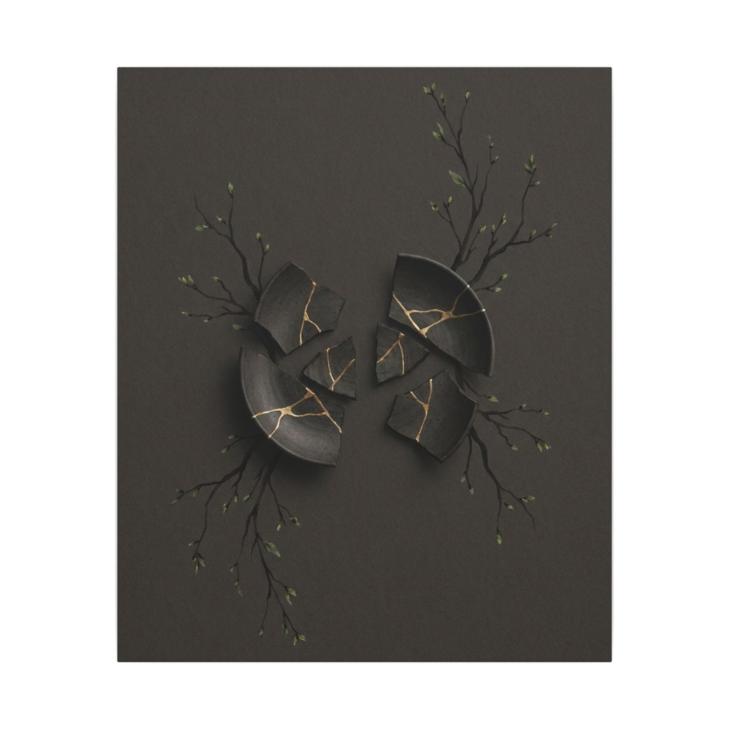 Sophisticated Broken Pottery Canvas Art - Charcoal Ink Dark Japandi