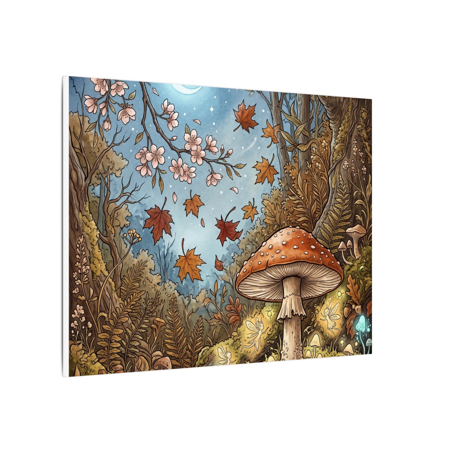 Autumn Cherry Blossom Mushroom Illustration Canvas Art | Enchanting Decor