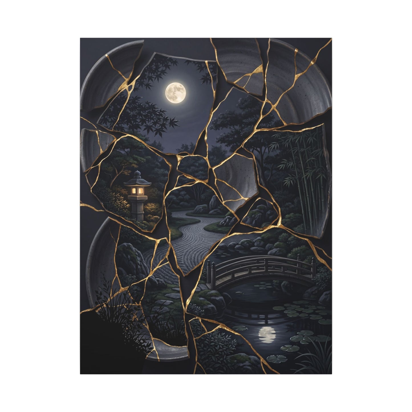Kintsugi Moonlit Garden in Golden Hour | Gold Repair Canvas Art