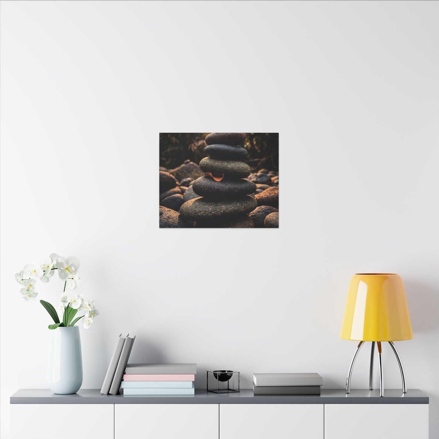 Dark Japandi River Stones in Golden Hour | Moody Minimal Canvas Art