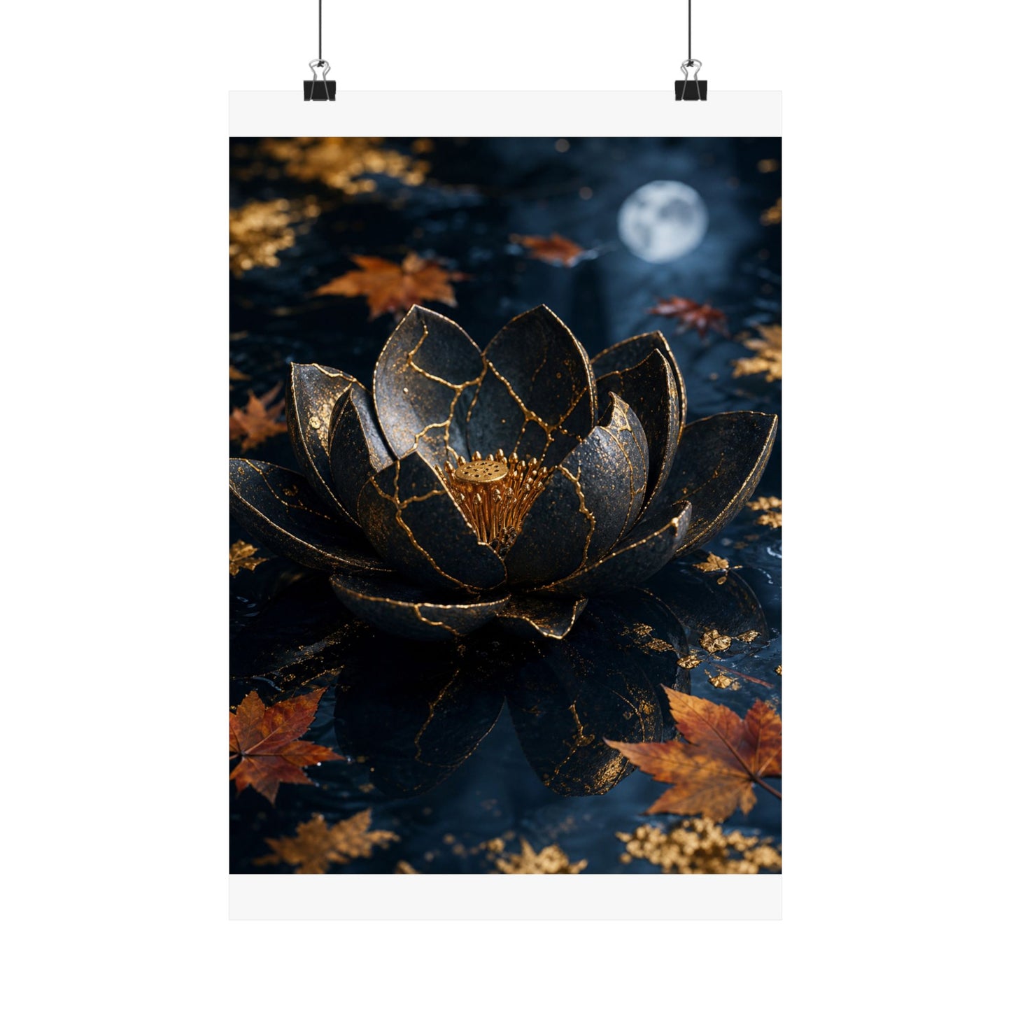 Kintsugi Lotus Flower in Moonlight | Gold Repair Wall Art Print
