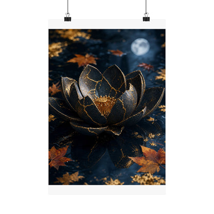 Kintsugi Lotus Flower in Moonlight | Gold Repair Wall Art Print