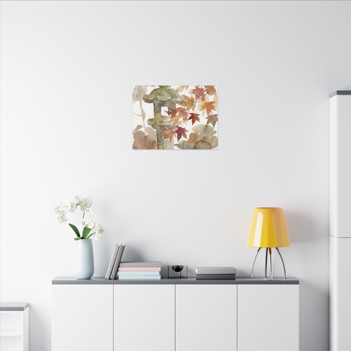 Stone Lantern Watercolor Canvas Art | Earthy Japandi Art