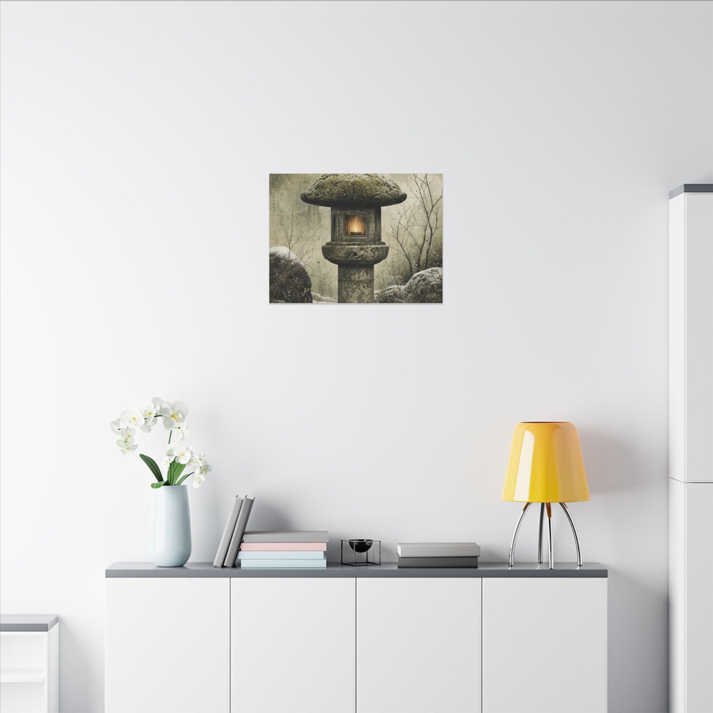 Stone Lantern Winter Canvas Art | Japandi Neutral Design