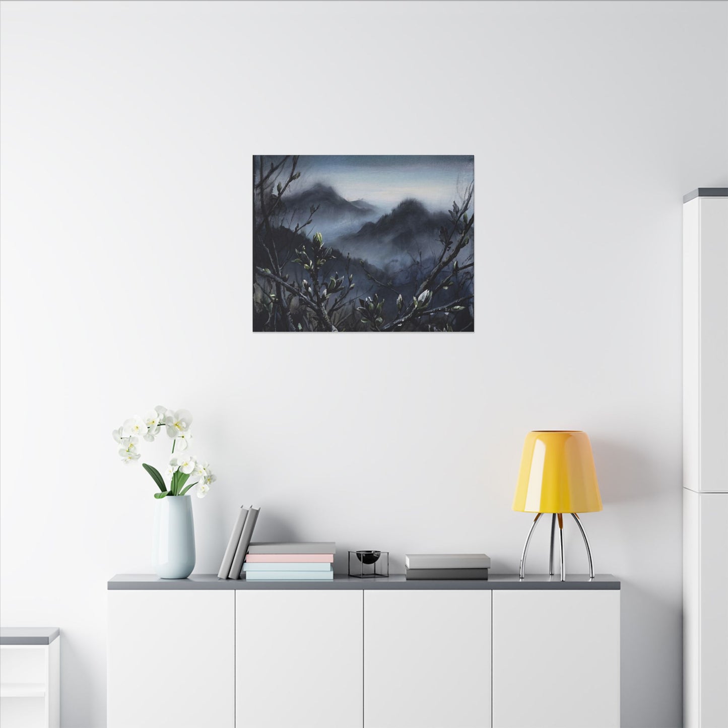 Mountain Mist Spring Canvas Art | Dark Japandi Atmospheric Design