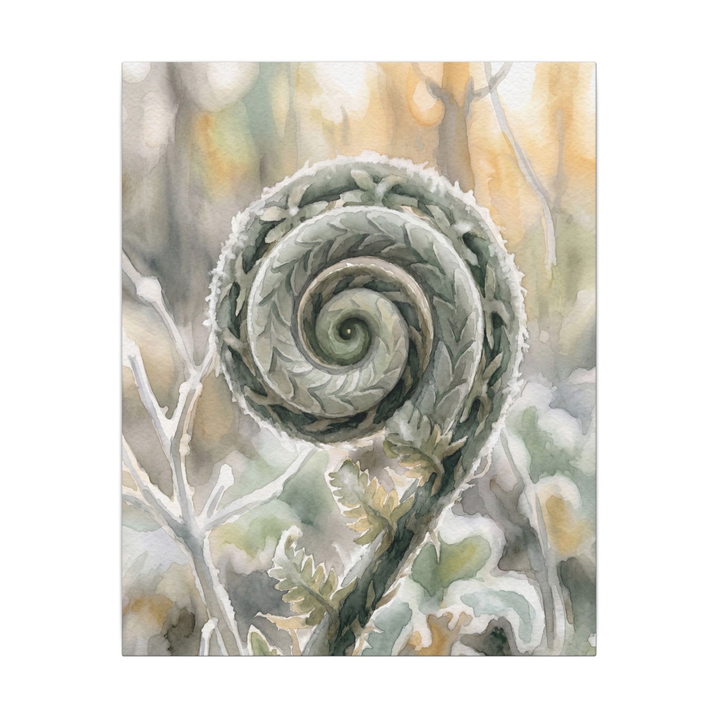 Winter Fern Unfurling Watercolor Canvas Art | Cozy Decor