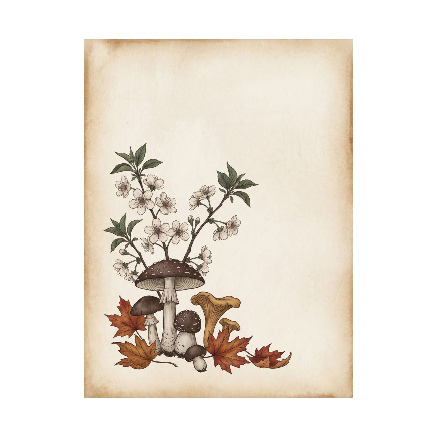 Autumn Cherry Blossom Mushroom Illustration Wall Art Print | Enchanting Decor