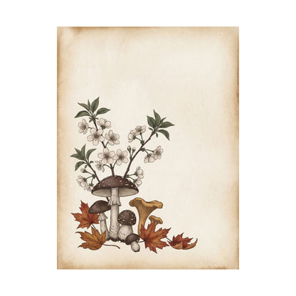 Autumn Cherry Blossom Mushroom Illustration Wall Art Print | Enchanting Decor
