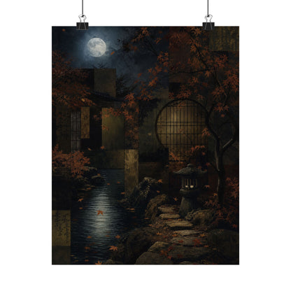 Moonlit Garden Shadow Zen Wall Art Print | Moody Dark Japandi Art
