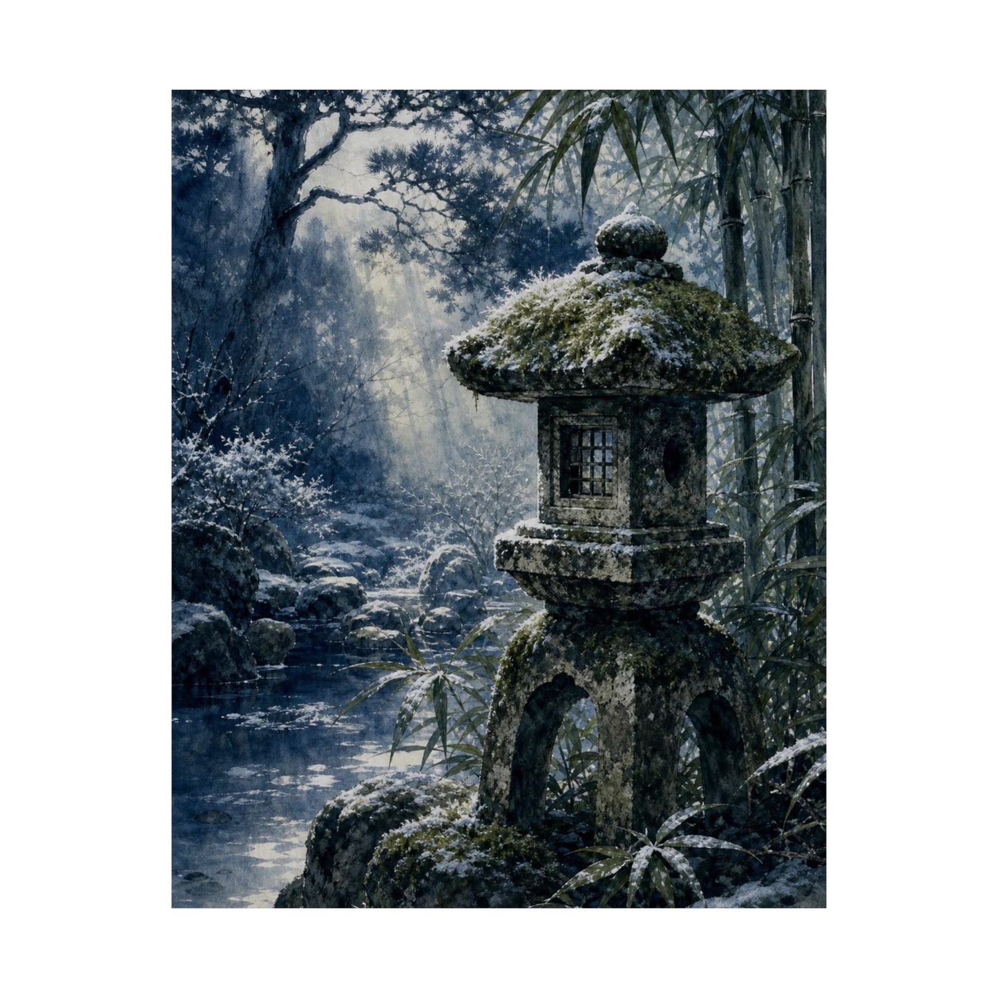 Zen Stone Lantern in Dappled | Sumi E Wall Art Print