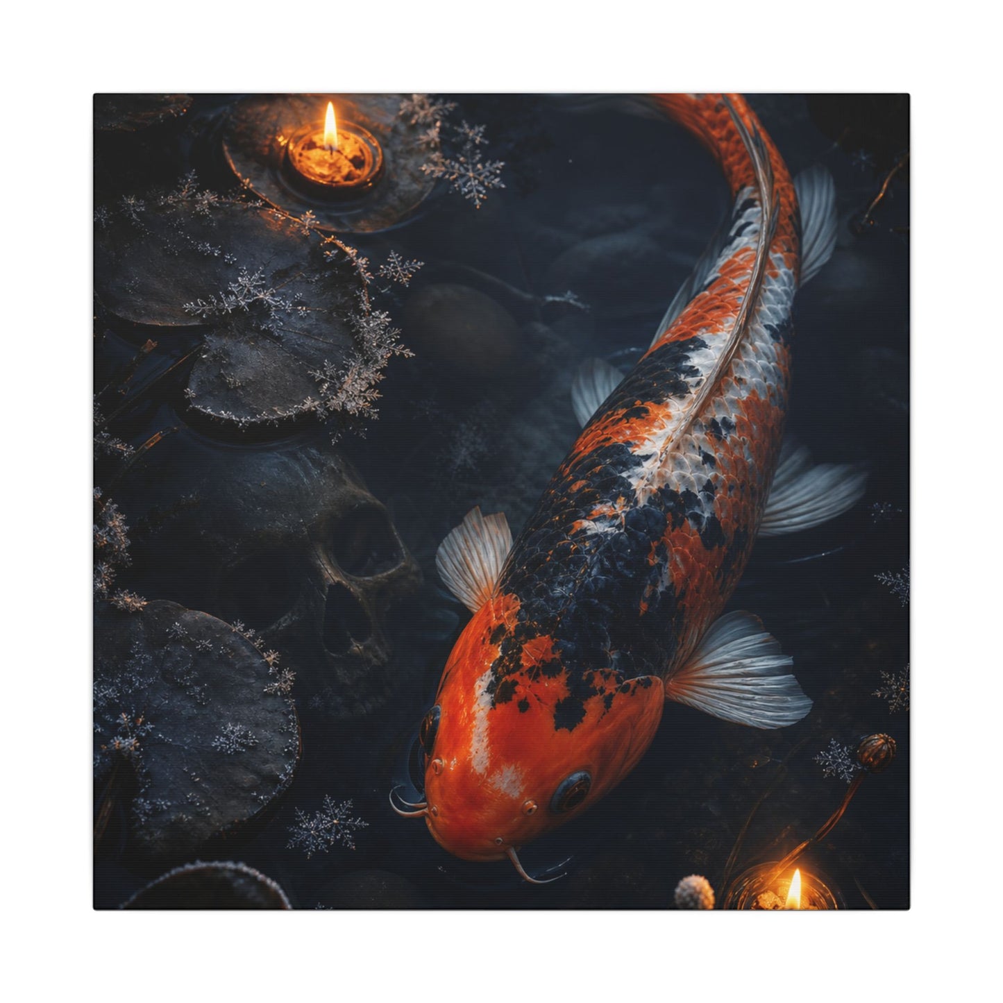 Koi Pond Canvas Art | Winter Dark Japandi Shadow Zen Art