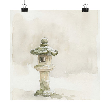 Japandi Stone Lantern in Overcast | Watercolor Wall Art Print Art Print