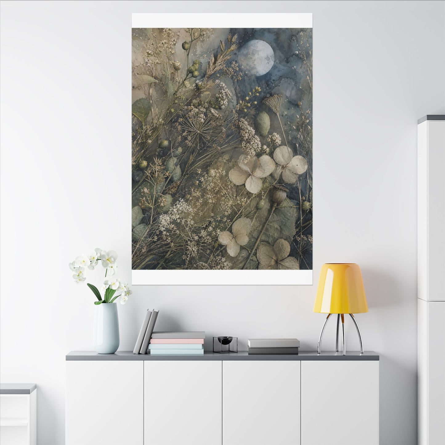 Japandi Dried Flowers in Moonlight | Watercolor Canvas Art