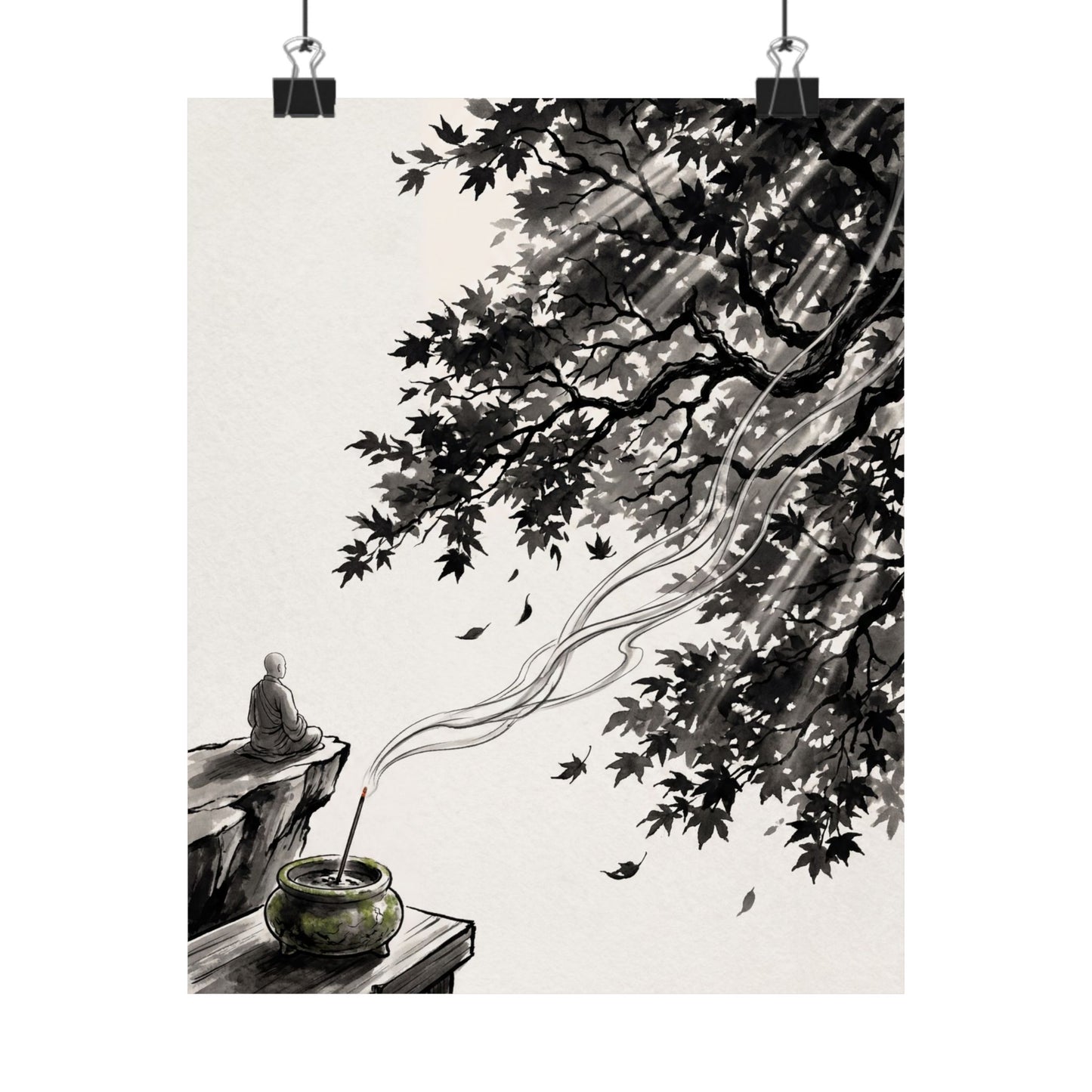 Contemplative Incense Smoke Wall Art Print - Ukiyo E Inspired Zen Art Print