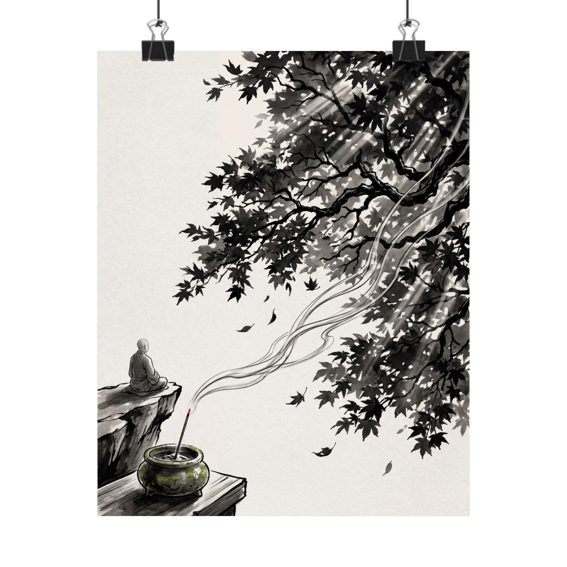 Contemplative Incense Smoke Wall Art Print - Ukiyo E Inspired Zen Art Print