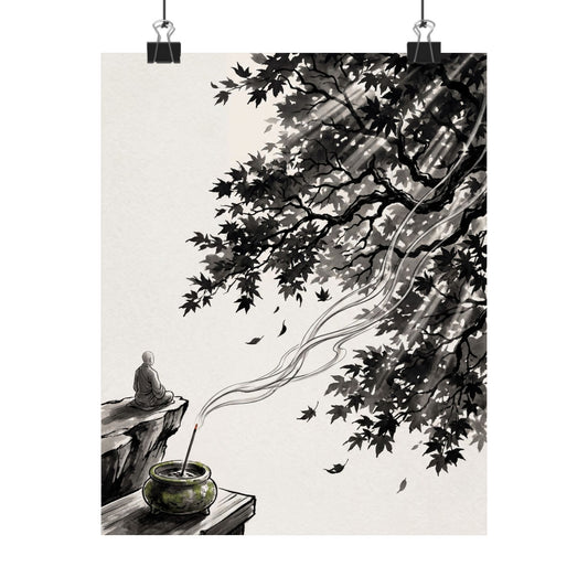 Contemplative Incense Smoke Wall Art Print - Ukiyo E Inspired Zen Art Print