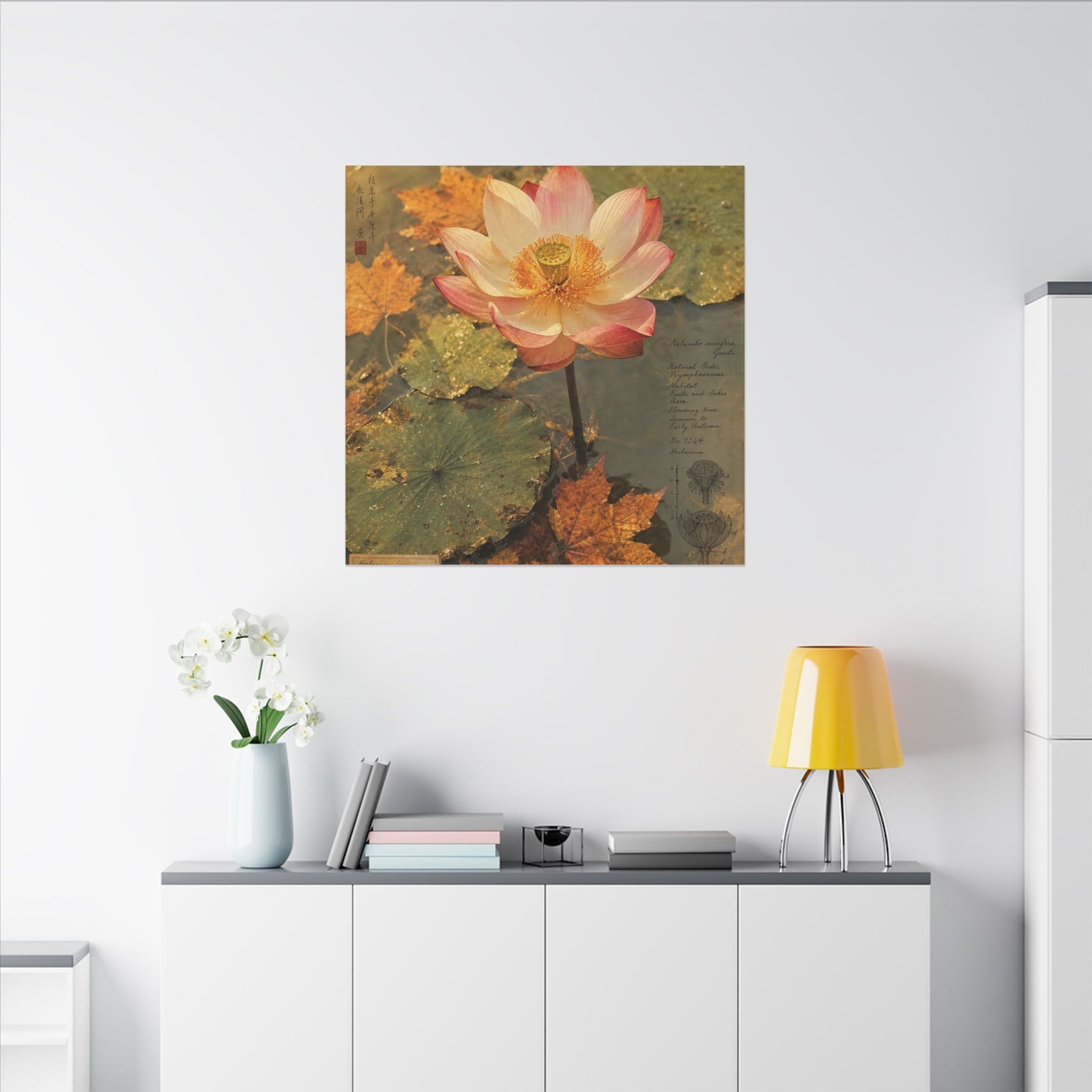 Autumn Lotus Flower Herbarium Canvas Art | Rustic Decor