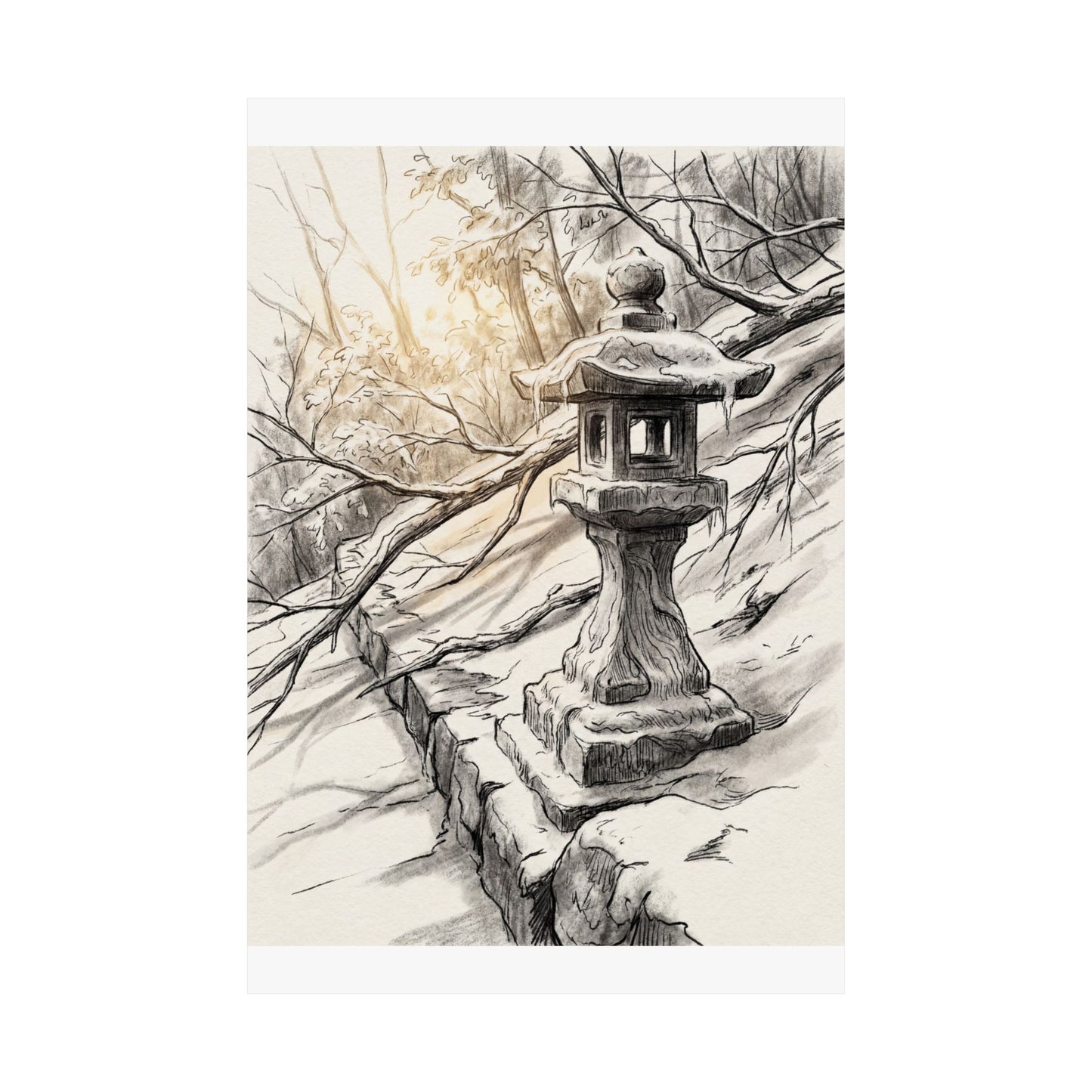 Japandi Stone Lantern in Golden Hour | Minimal Line Wall Art Print