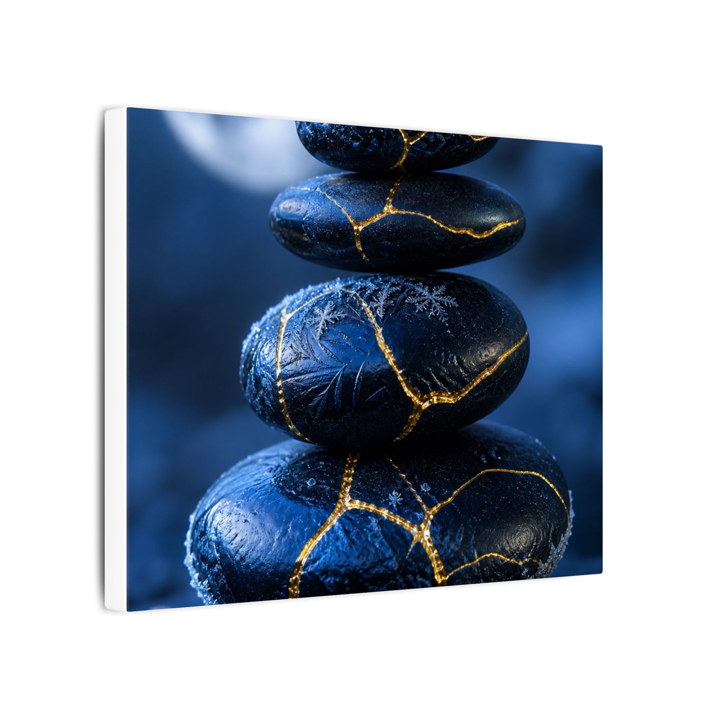 River Stones Canvas Art | Winter Kintsugi Gold Repair Art