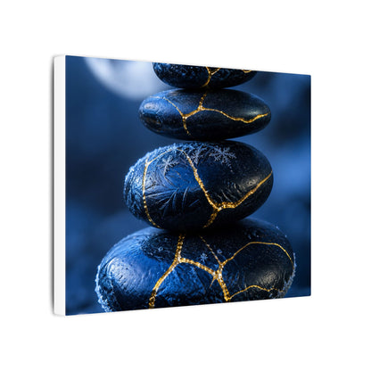 River Stones Canvas Art | Winter Kintsugi Gold Repair Art