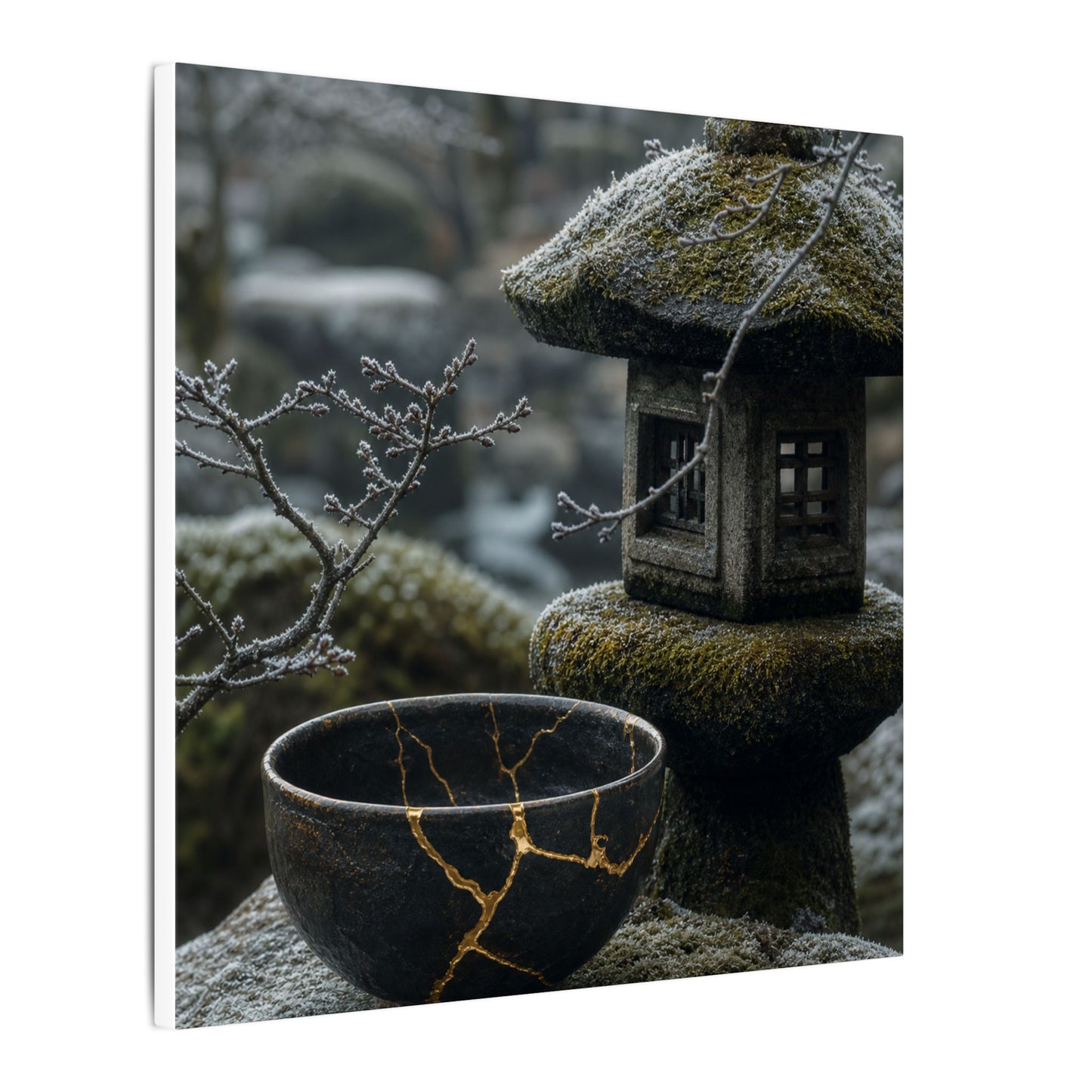 Stone Lantern Canvas Art | Winter Kintsugi Gold Repair Art